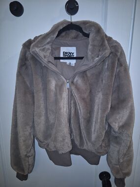 DKNY Sport Taupe Brown Plush Zip Jacket